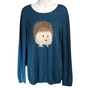 Talbots Teal Crew Neck Hedgehog Sweater